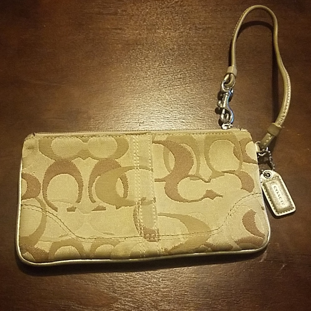 Coach Tan Canvas Wristlet with Gold Leather Trim